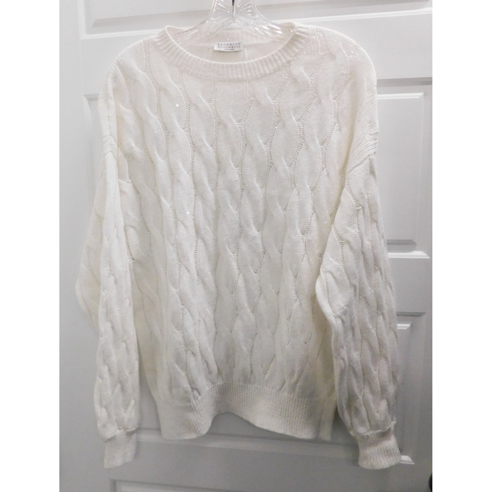 Brunello Cucinelli Womans White Knit Cable Knit Crew Sweater Sequin Detail sz M